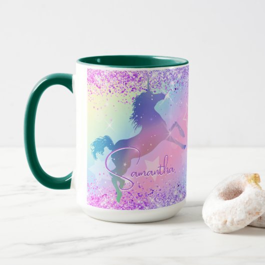 Cute unicorn roze Glitter rainbow monogram Niet va Mok (Met donut)