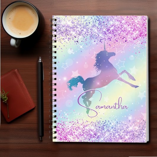 Cute unicorn roze Glitter rainbow monogram Niet va Notitieboek