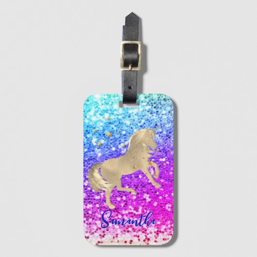 Cute unicorn roze Glitter Regenbooggougrammonogram Bagagelabel (Voorkant (verticaal))