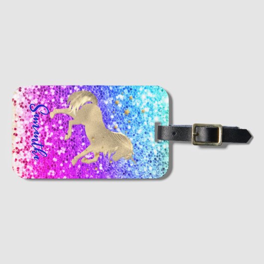 Cute unicorn roze Glitter Regenbooggougrammonogram Bagagelabel (Voorkant (horizontaal))