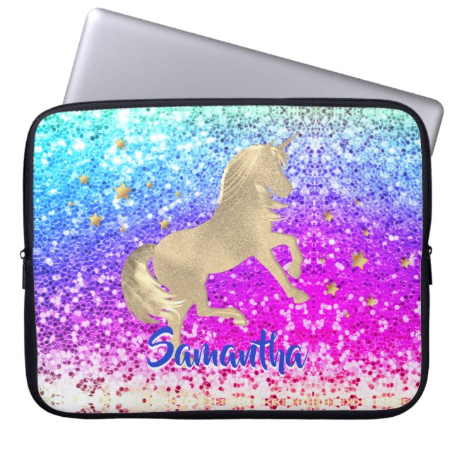 Cute unicorn roze Glitter Regenbooggougrammonogram Laptop Sleeve (Voorkant)