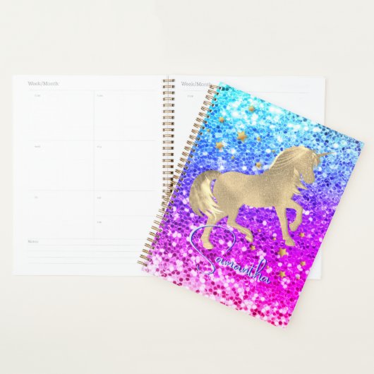 Cute unicorn roze Glitter Regenbooggougrammonogram Planner (Display)