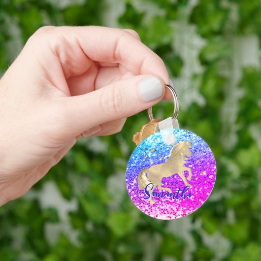 Cute unicorn roze Glitter Regenbooggougrammonogram Sleutelhanger (Hand)