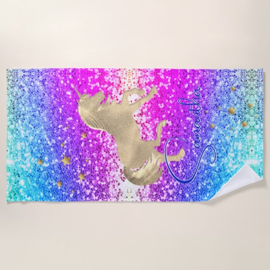 Cute unicorn roze Glitter Regenbooggougrammonogram Strandlaken (Voorkant)