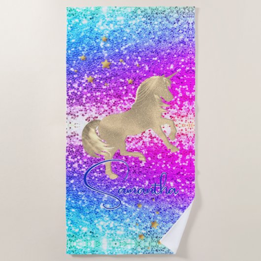 Cute unicorn roze Glitter Regenbooggougrammonogram Strandlaken (Voorkant)