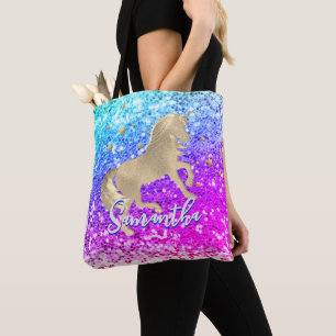 Cute unicorn roze Glitter Regenbooggougrammonogram Tote Bag