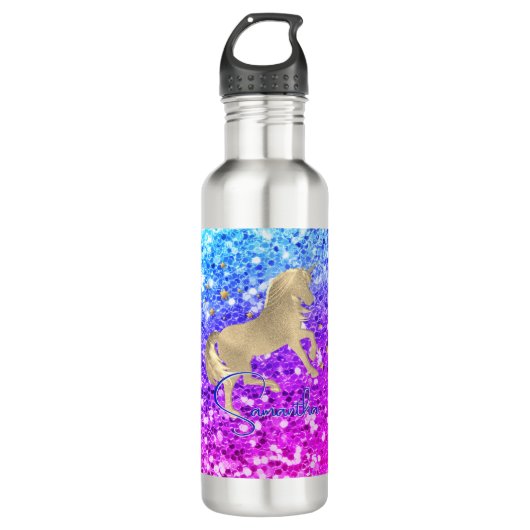Cute unicorn roze Glitter Regenbooggougrammonogram Waterfles (Voorkant)