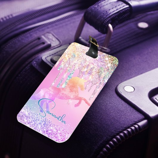 Cute unicorn roze Glitter regenboogschijven monogr Bagagelabel