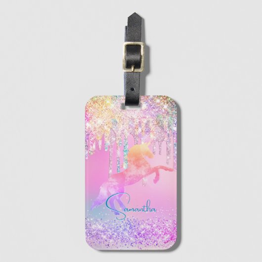 Cute unicorn roze Glitter regenboogschijven monogr Bagagelabel (Voorkant (verticaal))