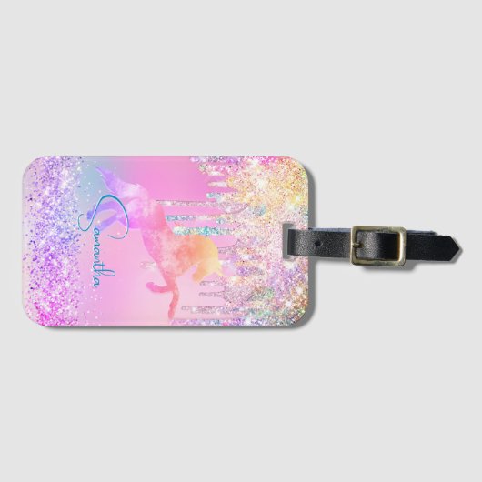 Cute unicorn roze Glitter regenboogschijven monogr Bagagelabel (Voorkant (horizontaal))