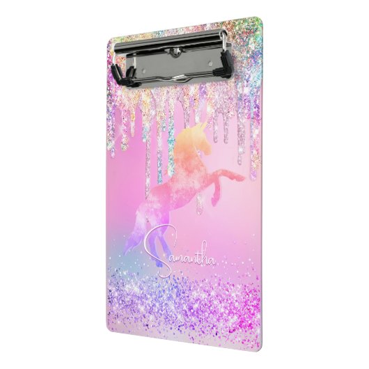Cute unicorn roze Glitter regenboogschijven monogr Mini Klembord (Angled2)