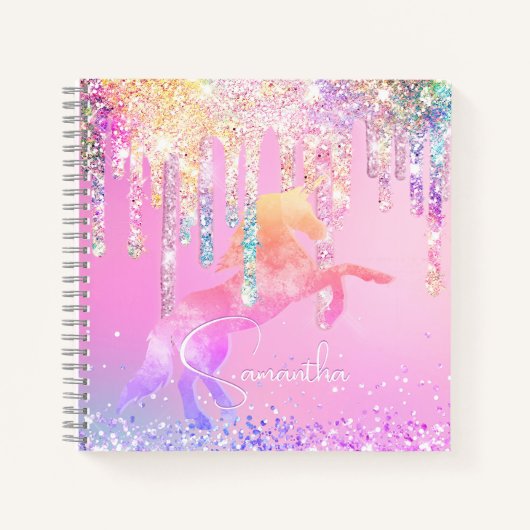 Cute unicorn roze Glitter regenboogschijven monogr Notitieboek (Voorkant)