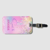 Cute unicorn roze glitter verjaardagsmonogram bagagelabel (Voorkant (horizontaal))