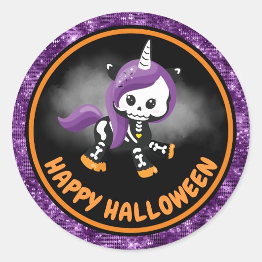Cute Unicorn Skeleton en Paarse Glitter Halloween Ronde Sticker (Voorkant)