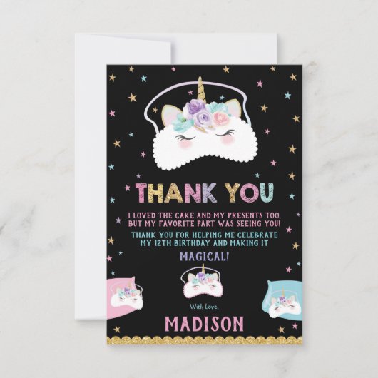Cute Unicorn Sleep Mask Slumber Sluepover Party Bedankkaart (Voorkant)