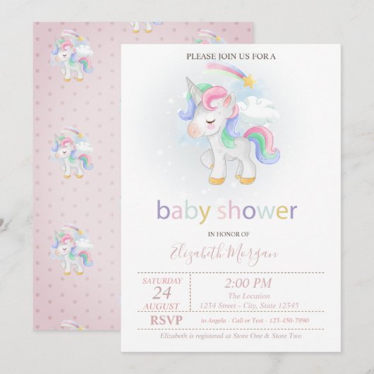 Cute Unicorn Star Rainbow Baby shower Kaart (Voorkant / Achterkant)