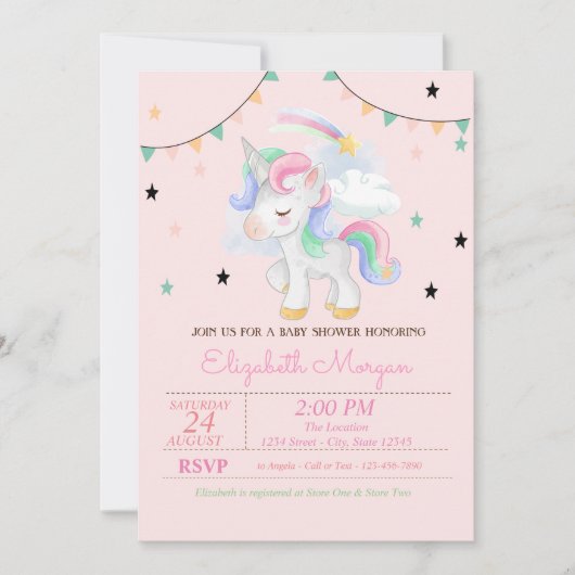 Cute Unicorn, Stars Baby shower Invitation Kaart (Voorkant)