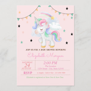 Cute Unicorn, Stars Baby shower Invitation Kaart