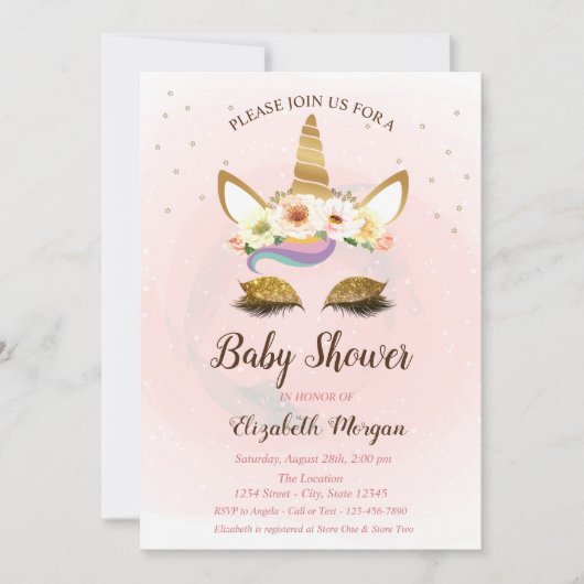 Cute Unicorn, Stars Baby shower Invitation Kaart (Voorkant)