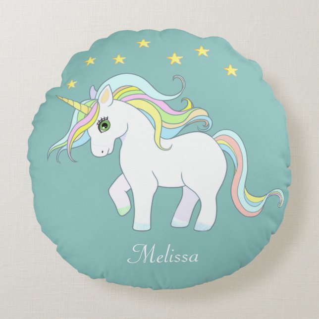 Cute Unicorn & Stars on Light Blauwgroen Round Pil Rond Kussen (Voorkant)