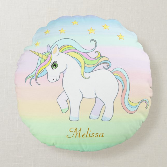 Cute Unicorn & Stars op parelkleuren Rond Kussen (Voorkant)