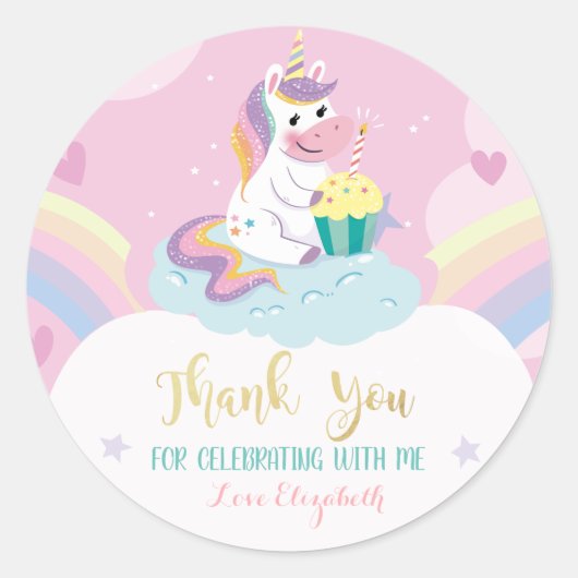 Cute Unicorn, sterren, Wolk, Regenboog Ronde Sticker (Voorkant)
