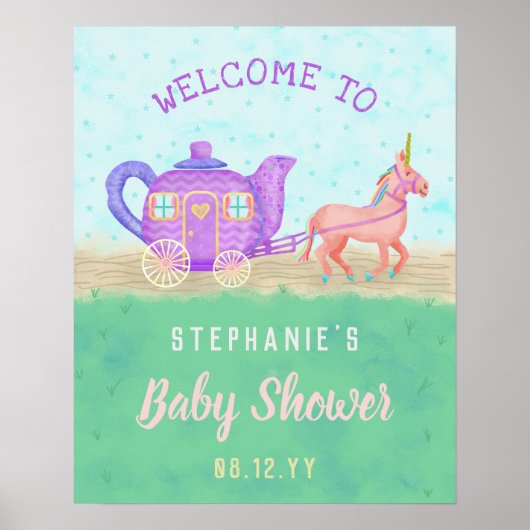 Cute Unicorn Tea Party Baby shower Chariot Poster (Voorkant)