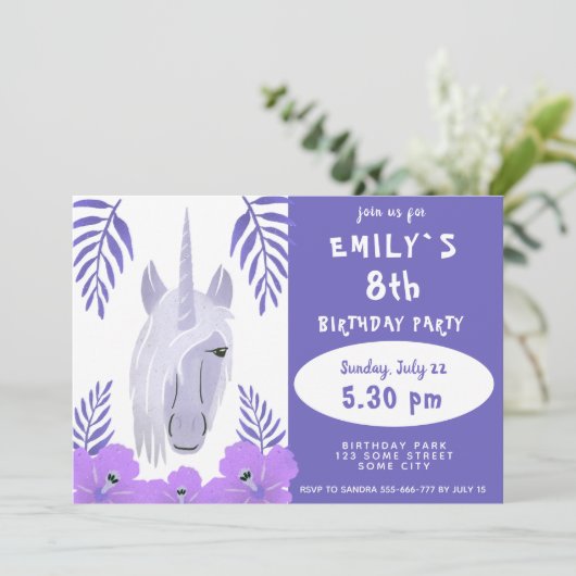 Cute Unicorn Tropical Flowers Girl Birthday Kaart (Staand voorkant)