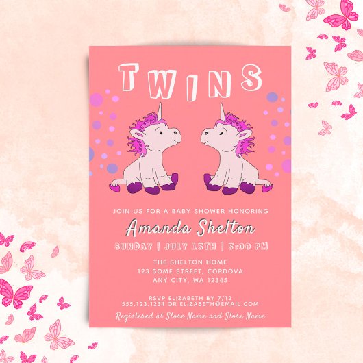 Cute Unicorn Twins 2 Baby Girls Baby shower Kaart