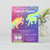 Cute Unicorn Twins Birthday Party Invitation Kaart (Staand voorkant)