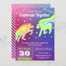 Cute Unicorn Twins Birthday Party Invitation Kaart