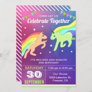 Cute Unicorn Twins Birthday Party Invitation Kaart