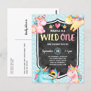 Cute Unicorn Wild One 1st Birthday Party Briefkaart