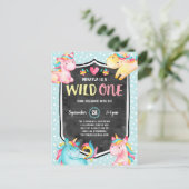 Cute Unicorn Wild One 1st Birthday Party Briefkaart (Staand voorkant)