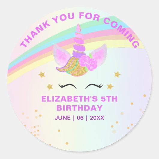 Cute Unicorn with Magic Rainbow Birthday Girl Ronde Sticker (Voorkant)