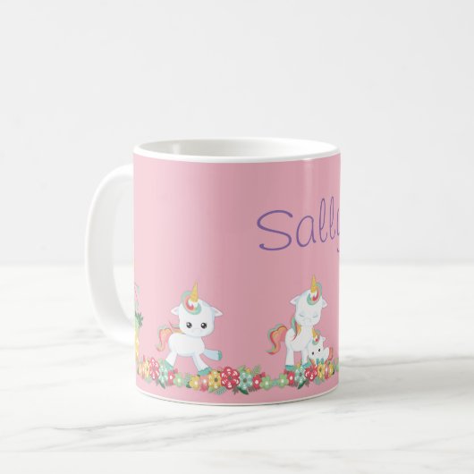Cute Unicorns en Floral Personalized Koffiemok (Voorkant links)