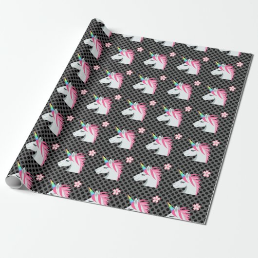 Cute Unicorns Flower Emoji Polka Dots Pattern Cadeaupapier (Uitgerold)