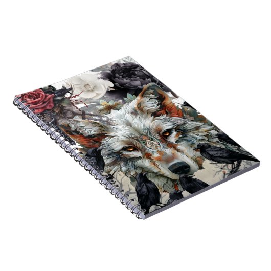 Cute Unique Boho Wolf Raven & Florals Notebook Notitieboek (Rechterzijde)