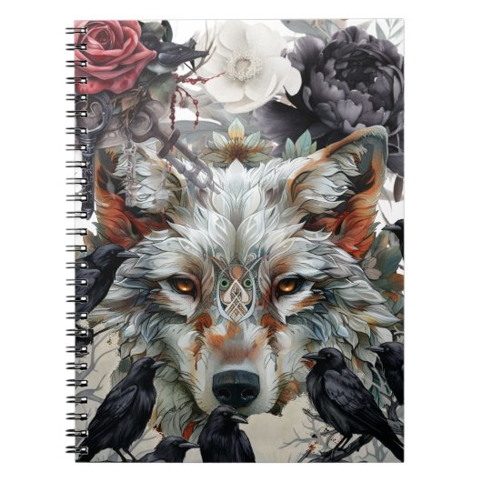 Cute Unique Boho Wolf Raven & Florals Notebook Notitieboek (Voorkant)