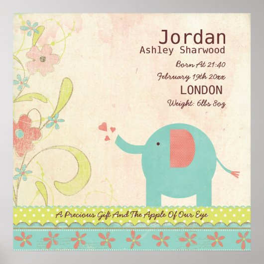 Cute Unisex Baby Birth Date Elephant Nursery Poster (Voorkant)