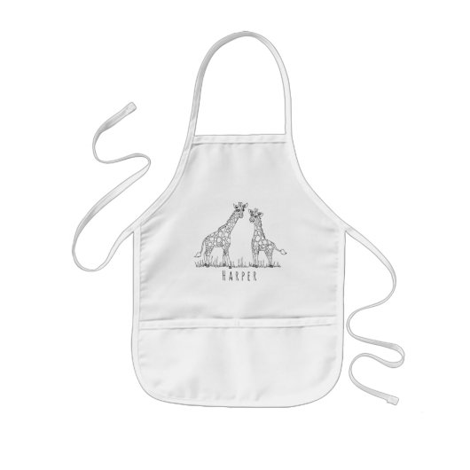 Cute Unisex Doodle Giraffes Safari met naam Kinder Schort (Voorkant)