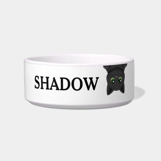 Cute Upside Down Peeking Black Cat Custom Name Voerbakje (Voorkant)