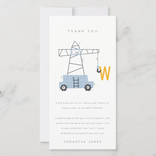 Cute Urban Construction Crane Boy's Baby shower Bedankkaart (Voorkant)