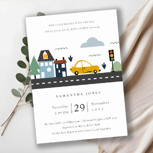 Cute Urban Vehicle Cars Road Baby shower Invite Bedankkaart
