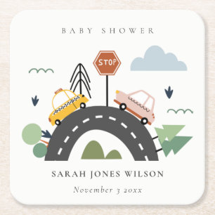 Cute Urban Vehicle Cars Road Cityscape Baby shower Kartonnen Onderzetters