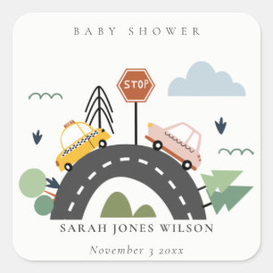 Cute Urban Vehicle Cars Road Cityscape Baby shower Vierkante Sticker