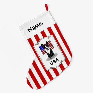 Cute USA American Flag Boston Terrier Dog (zwart) Grote Kerstsok