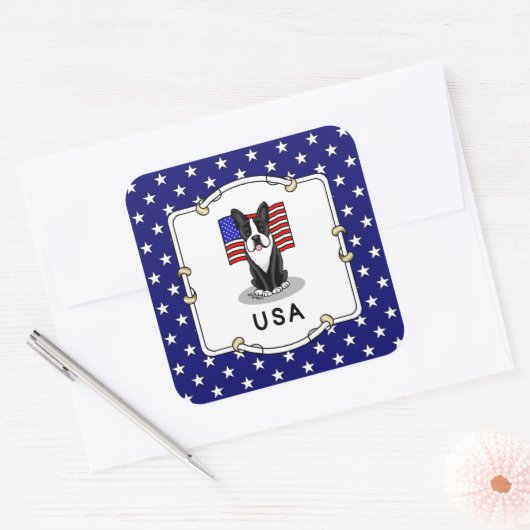 Cute USA American Flag Boston Terrier - (zwart) Vierkante Sticker (Envelop)
