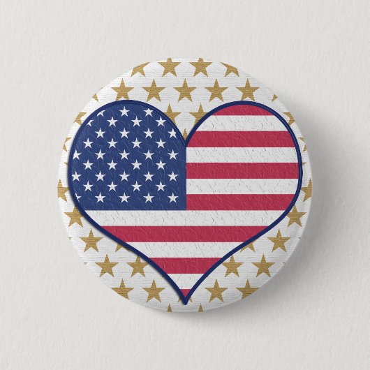 Cute USA Flag Heart Gold Stars Pin Button (Voorkant)