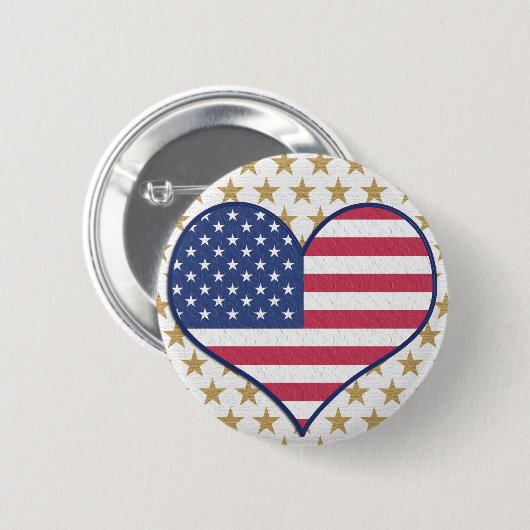Cute USA Flag Heart Gold Stars Pin Button (Voorkant /achterkant)